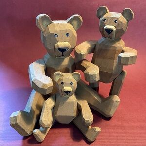 Folk Art Jointed Carved Wooden Brown Bear Family Figurines Set of 3